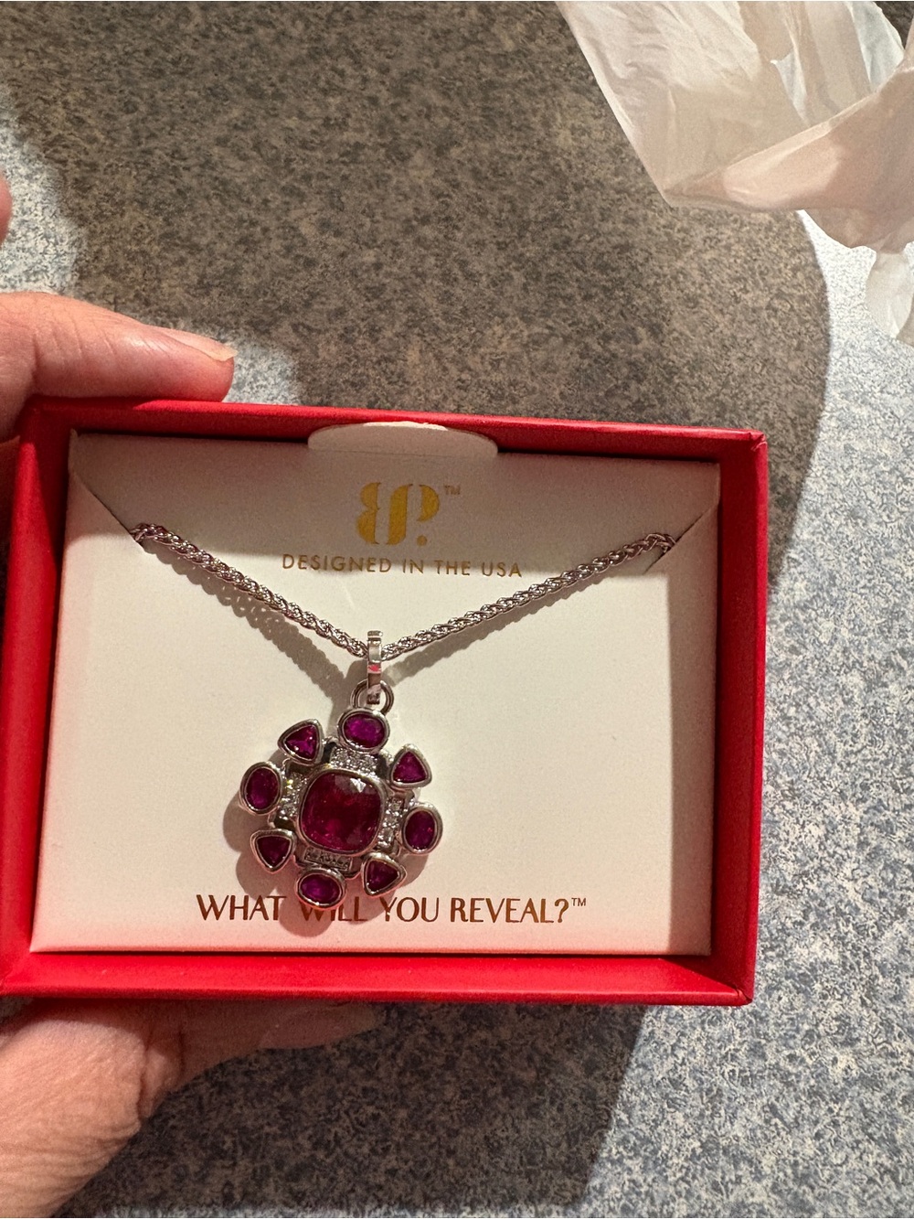 Bomb party rhodium Necklace with Deep Pink Gemstone Flower Pendant